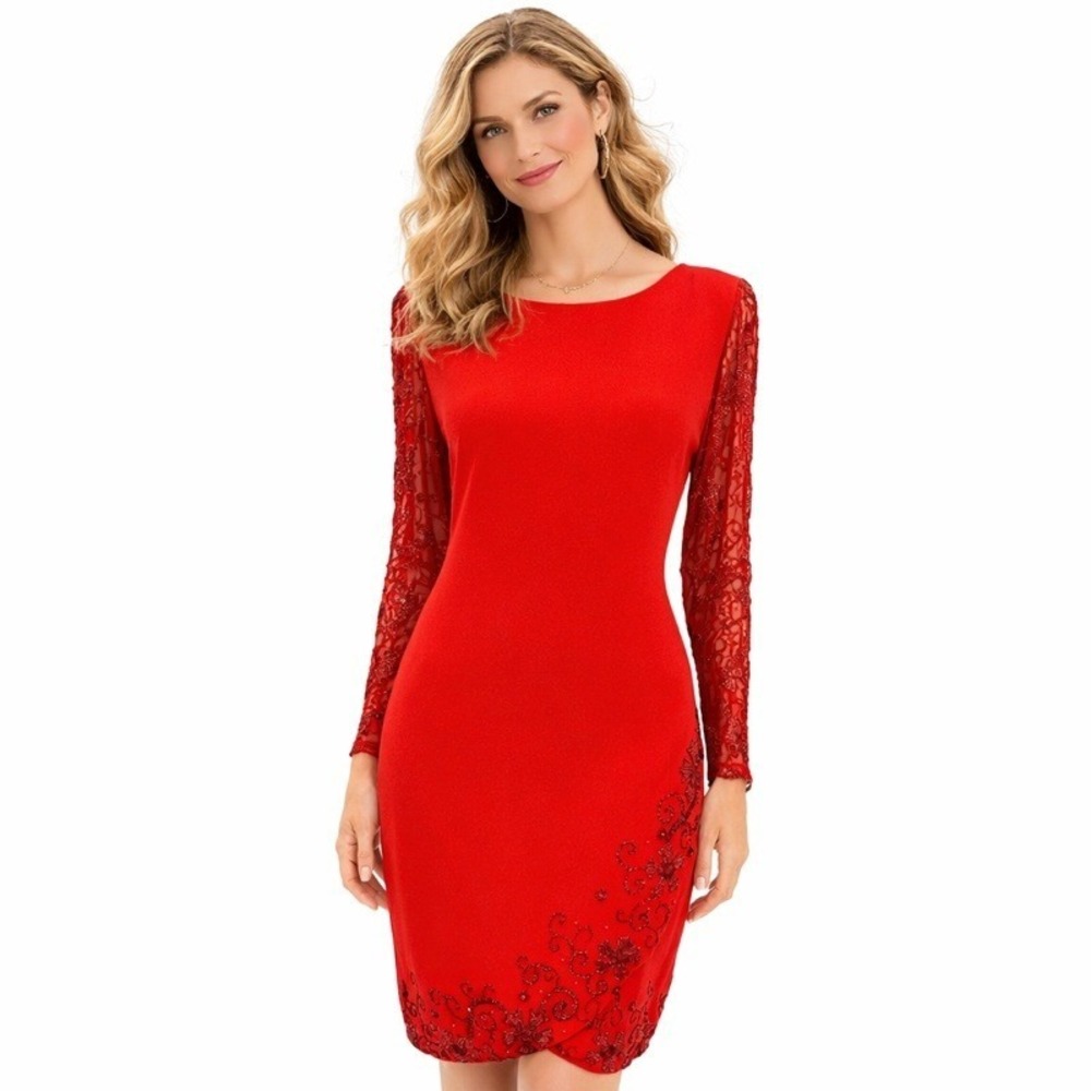 Oleg Cassini Black Tie Women's Dress Red Beaded Party Cocktail Formal Size 6P